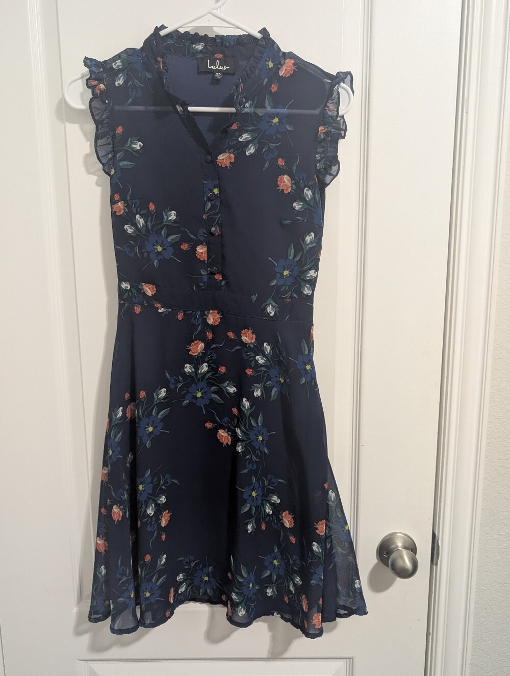 Lulu's Navy Floral Ruffle Cap-Sleeve Dress XS